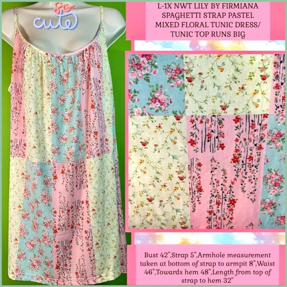 L-1X NWT LILY BY FIRMIANA SPAGHETTI STRAP PASTEL MIXED FLORAL TUNIC TOP RUNS BIG
